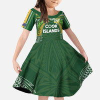 Custom Cook Islands Rugby League Family Matching Short Sleeve Bodycon Dress and Hawaiian Shirt Tatau Tribal Motifs-Dark Green Color LT03 Daughter's Dress Green - Polynesian Pride