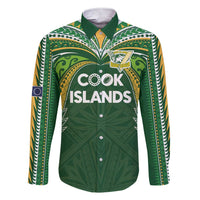 Custom Cook Islands Rugby League Family Matching Short Sleeve Bodycon Dress and Hawaiian Shirt Tatau Tribal Motifs-Dark Green Color LT03 Dad's Shirt - Long Sleeve Green - Polynesian Pride