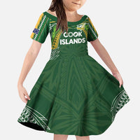Custom Cook Islands Rugby League Family Matching Summer Maxi Dress and Hawaiian Shirt Tatau Tribal Motifs-Dark Green Color LT03 Daughter's Dress Green - Polynesian Pride