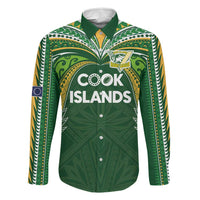 Custom Cook Islands Rugby League Family Matching Summer Maxi Dress and Hawaiian Shirt Tatau Tribal Motifs-Dark Green Color LT03 Dad's Shirt - Long Sleeve Green - Polynesian Pride