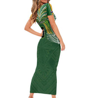 Custom Cook Islands Rugby League Short Sleeve Bodycon Dress Tatau Tribal Motifs-Dark Green Color - Polynesian Pride