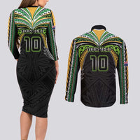 Custom Cook Islands Rugby League Couples Matching Long Sleeve Bodycon Dress and Long Sleeve Button Shirt Tatau Tribal Motifs-Black Color - Polynesian Pride
