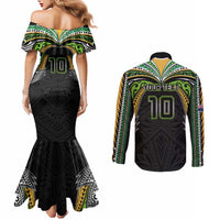 Custom Cook Islands Rugby League Couples Matching Mermaid Dress and Long Sleeve Button Shirt Tatau Tribal Motifs-Black Color - Polynesian Pride