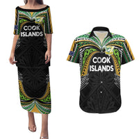 Custom Cook Islands Rugby League Couples Matching Puletasi and Hawaiian Shirt Tatau Tribal Motifs-Black Color - Polynesian Pride