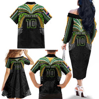 Custom Cook Islands Rugby League Family Matching Off The Shoulder Long Sleeve Dress and Hawaiian Shirt Tatau Tribal Motifs-Black Color - Polynesian Pride