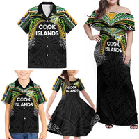 Custom Cook Islands Rugby League Family Matching Off Shoulder Maxi Dress and Hawaiian Shirt Tatau Tribal Motifs-Black Color - Polynesian Pride