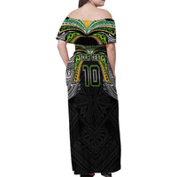Custom Cook Islands Rugby League Family Matching Off Shoulder Maxi Dress and Hawaiian Shirt Tatau Tribal Motifs-Black Color - Polynesian Pride