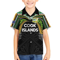 Custom Cook Islands Rugby League Family Matching Off Shoulder Maxi Dress and Hawaiian Shirt Tatau Tribal Motifs-Black Color - Polynesian Pride