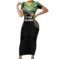 Custom Cook Islands Rugby League Family Matching Short Sleeve Bodycon Dress and Hawaiian Shirt Tatau Tribal Motifs-Black Color - Polynesian Pride