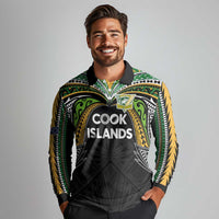 Custom Cook Islands Rugby League Long Sleeve Polo Shirt Tatau Tribal Motifs-Black Color - Polynesian Pride