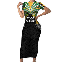 Custom Cook Islands Rugby League Short Sleeve Bodycon Dress Tatau Tribal Motifs-Black Color - Polynesian Pride
