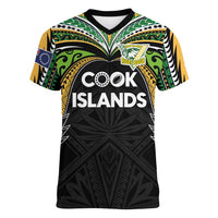 Custom Cook Islands Rugby League Women V-Neck T-Shirt Tatau Tribal Motifs-Black Color - Polynesian Pride