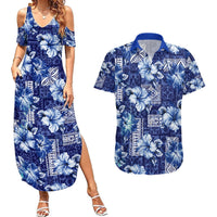 Hawaiian Quilt Pattern Couples Matching Summer Maxi Dress and Hawaiian Shirt Hibiscus and Tribal Element Vintage Blue Vibe LT03 Blue - Polynesian Pride