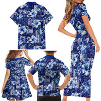 Hawaiian Quilt Pattern Family Matching Short Sleeve Bodycon Dress and Hawaiian Shirt Hibiscus and Tribal Element Vintage Blue Vibe LT03 - Polynesian Pride