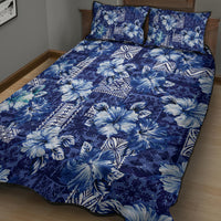 Hawaiian Quilt Pattern Quilt Bed Set Hibiscus and Tribal Element Vintage Blue Vibe LT03 - Polynesian Pride