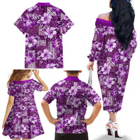 Hawaiian Quilt Pattern Family Matching Off Shoulder Long Sleeve Dress and Hawaiian Shirt Hibiscus and Tribal Element Vintage Purple Vibe LT03 - Polynesian Pride