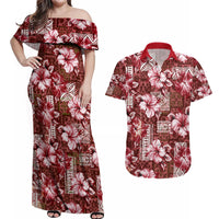 Hawaiian Quilt Pattern Couples Matching Off Shoulder Maxi Dress and Hawaiian Shirt Hibiscus and Tribal Element Vintage Red Vibe LT03 Red - Polynesian Pride