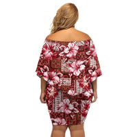 Hawaiian Quilt Pattern Family Matching Off Shoulder Short Dress and Hawaiian Shirt Hibiscus and Tribal Element Vintage Red Vibe LT03 - Polynesian Pride