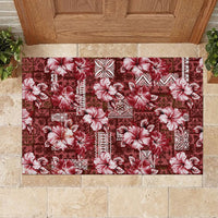 Hawaiian Quilt Pattern Rubber Doormat Hibiscus and Tribal Element Vintage Red Vibe LT03 - Polynesian Pride