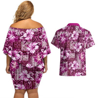 Hawaiian Quilt Pattern Couples Matching Off Shoulder Short Dress and Hawaiian Shirt Hibiscus and Tribal Element Vintage Pink Vibe LT03 - Polynesian Pride