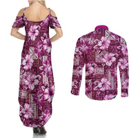 Hawaiian Quilt Pattern Couples Matching Summer Maxi Dress and Long Sleeve Button Shirt Hibiscus and Tribal Element Vintage Pink Vibe LT03 - Polynesian Pride