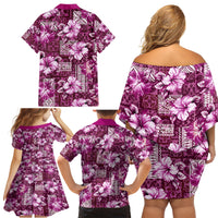 Hawaiian Quilt Pattern Family Matching Off Shoulder Short Dress and Hawaiian Shirt Hibiscus and Tribal Element Vintage Pink Vibe LT03 - Polynesian Pride