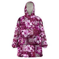 Hawaiian Quilt Pattern Wearable Blanket Hoodie Hibiscus and Tribal Element Vintage Pink Vibe LT03 One Size Pink - Polynesian Pride