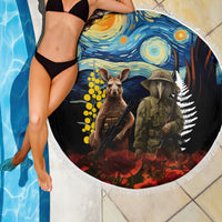 New Zealand and Australia ANZAC Day Beach Blanket Kiwi Bird and Kangaroo Soldier Starry Night Style LT03 - Polynesian Pride