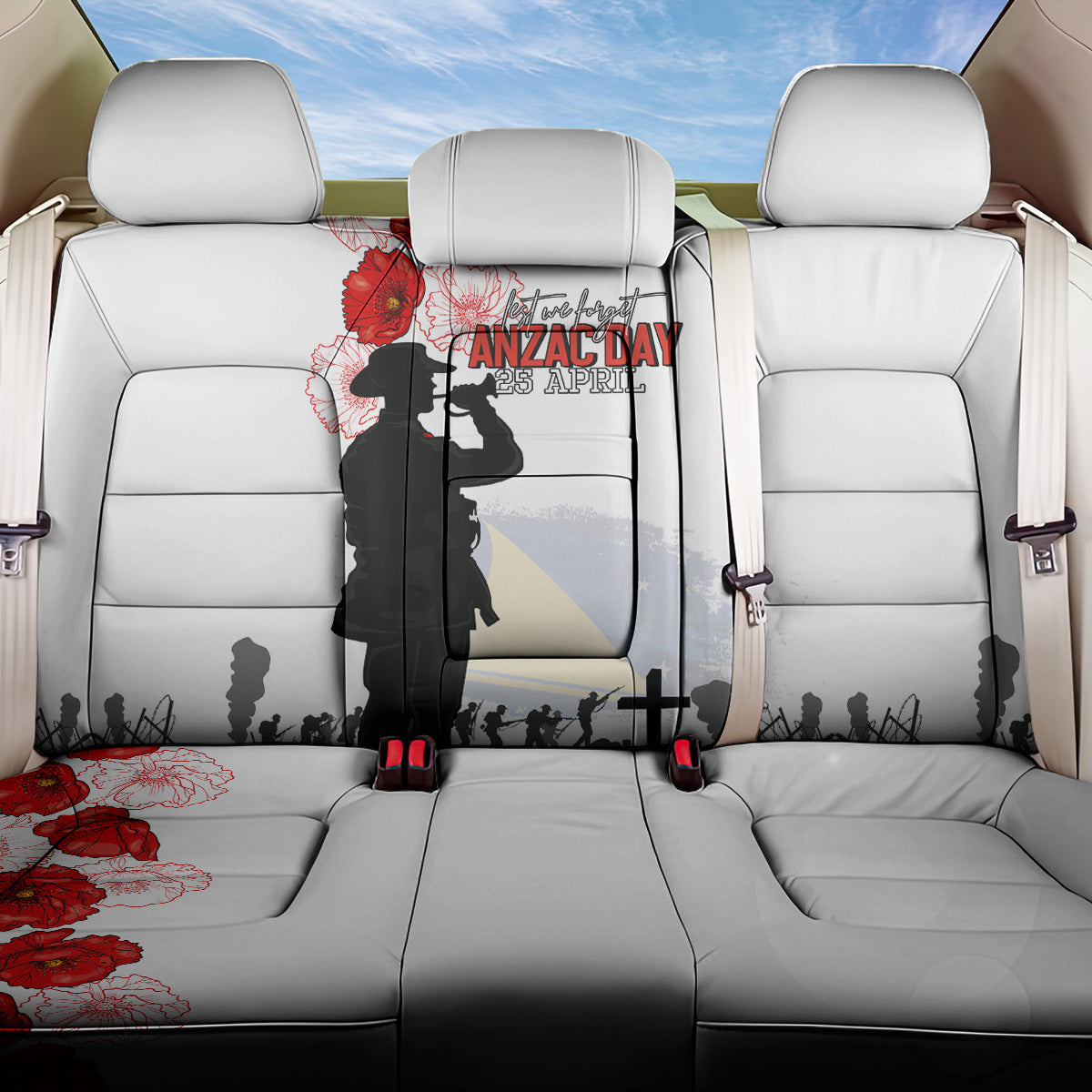 Tokelau ANZAC Day Back Car Seat Cover Lest We Forget Red Poppy Flowers and Soldier LT03 One Size White - Polynesian Pride