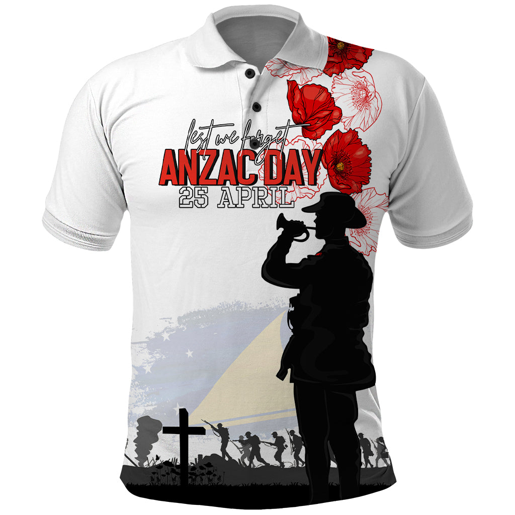 Tokelau ANZAC Day Polo Shirt Lest We Forget Red Poppy Flowers and Soldier LT03 White - Polynesian Pride