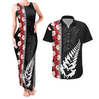 New Zealand ANZAC Day Couples Matching Tank Maxi Dress and Hawaiian Shirt Soldier Silver Fern with Red Poppies Flower Maori Style LT03 Black - Polynesian Pride