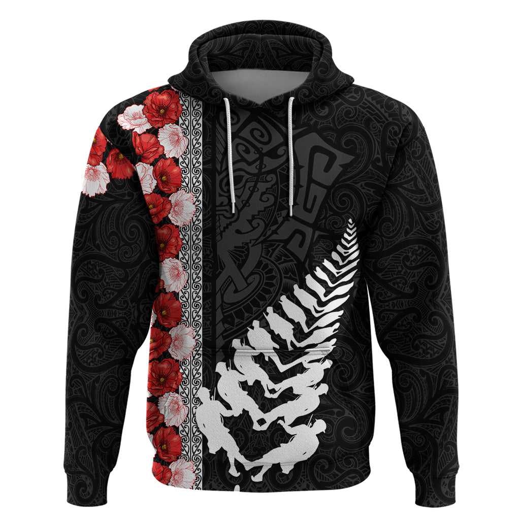 New Zealand ANZAC Day Hoodie Soldier Silver Fern with Red Poppies Flower Maori Style LT03 Pullover Hoodie Black - Polynesian Pride