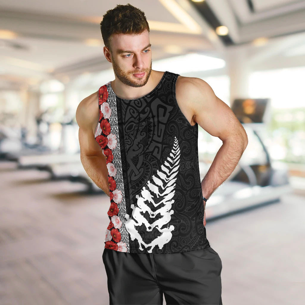New Zealand ANZAC Day Men Tank Top Soldier Silver Fern with Red Poppies Flower Maori Style LT03 Black - Polynesian Pride