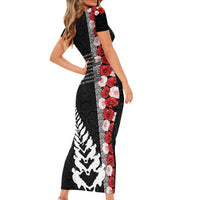 New Zealand ANZAC Day Short Sleeve Bodycon Dress Soldier Silver Fern with Red Poppies Flower Maori Style LT03 - Polynesian Pride