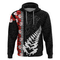 New Zealand ANZAC Day Zip Hoodie Soldier Silver Fern with Red Poppies Flower Maori Style LT03 Pullover Hoodie Black - Polynesian Pride