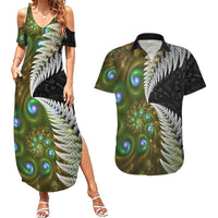New Zealand Couples Matching Summer Maxi Dress and Hawaiian Shirt Koru Abstract Art and Silver Fern Maori Pattern LT03 Green - Polynesian Pride