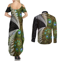 New Zealand Couples Matching Summer Maxi Dress and Long Sleeve Button Shirt Koru Abstract Art and Silver Fern Maori Pattern LT03 - Polynesian Pride