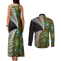 New Zealand Couples Matching Tank Maxi Dress and Long Sleeve Button Shirt Koru Abstract Art and Silver Fern Maori Pattern LT03 - Polynesian Pride