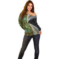 New Zealand Off Shoulder Sweater Koru Abstract Art and Silver Fern Maori Pattern LT03 - Polynesian Pride