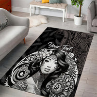 Custom New Zealand Women's Day Area Rug Maori Tribal Girl and Silver Fern Pattern