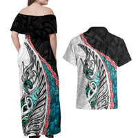 New Zealand Couples Matching Off Shoulder Maxi Dress and Hawaiian Shirt Manaia Fern and Koru Maori Pattern LT03 - Polynesian Pride