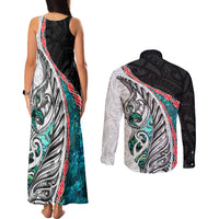 New Zealand Couples Matching Tank Maxi Dress and Long Sleeve Button Shirt Manaia Fern and Koru Maori Pattern LT03 - Polynesian Pride