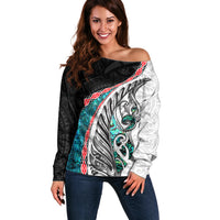 New Zealand Off Shoulder Sweater Manaia Fern and Koru Maori Pattern LT03 Women Black - Polynesian Pride