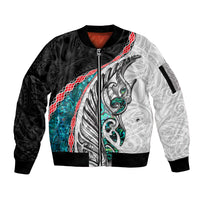 New Zealand Sleeve Zip Bomber Jacket Manaia Fern and Koru Maori Pattern LT03 Unisex Black - Polynesian Pride