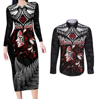 New Zealand Maori Girl Couples Matching Long Sleeve Bodycon Dress and Long Sleeve Button Shirt Silver Fern and Koru Pattern LT03 Black - Polynesian Pride