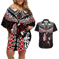 New Zealand Maori Girl Couples Matching Off Shoulder Short Dress and Hawaiian Shirt Silver Fern and Koru Pattern LT03 Black - Polynesian Pride