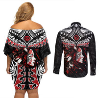 New Zealand Maori Girl Couples Matching Off Shoulder Short Dress and Long Sleeve Button Shirt Silver Fern and Koru Pattern LT03 - Polynesian Pride