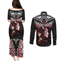 New Zealand Maori Girl Couples Matching Puletasi and Long Sleeve Button Shirt Silver Fern and Koru Pattern LT03 - Polynesian Pride