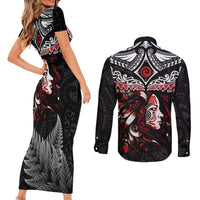 New Zealand Maori Girl Couples Matching Short Sleeve Bodycon Dress and Long Sleeve Button Shirt Silver Fern and Koru Pattern LT03 - Polynesian Pride
