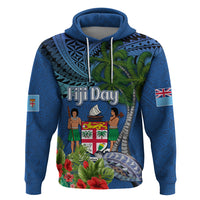 Personalised Fiji Independence Day Hoodie Fijian Coat of Arms Palm and Hibiscus Tapa Pattern LT03 Pullover Hoodie Blue - Polynesian Pride